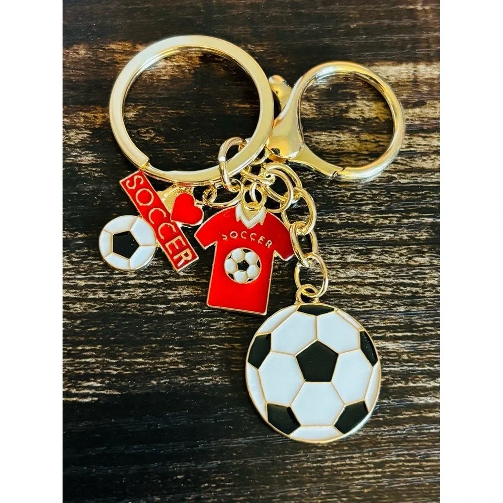 Red Soccer Charms Keychain with Mini Soccer Ball in Gold Tone Hardware